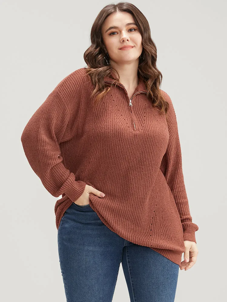 Solid Super Soft Knit Zipper Mock Neck Eyelet Knit Top sold by Bloomchic