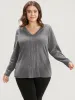 Solid V Neck Crochet Lace Rib Knit Long Tee sold by Bloomchic