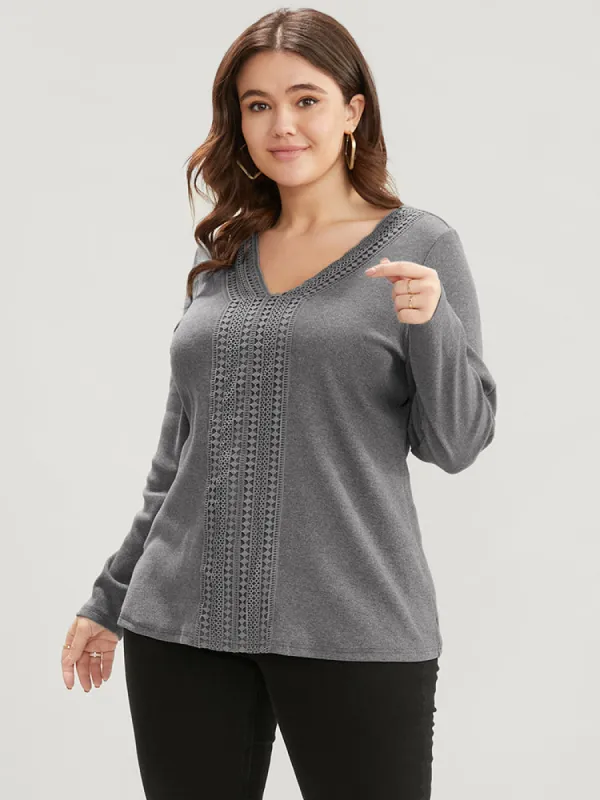 Solid V Neck Crochet Lace Rib Knit Long Tee sold by Bloomchic