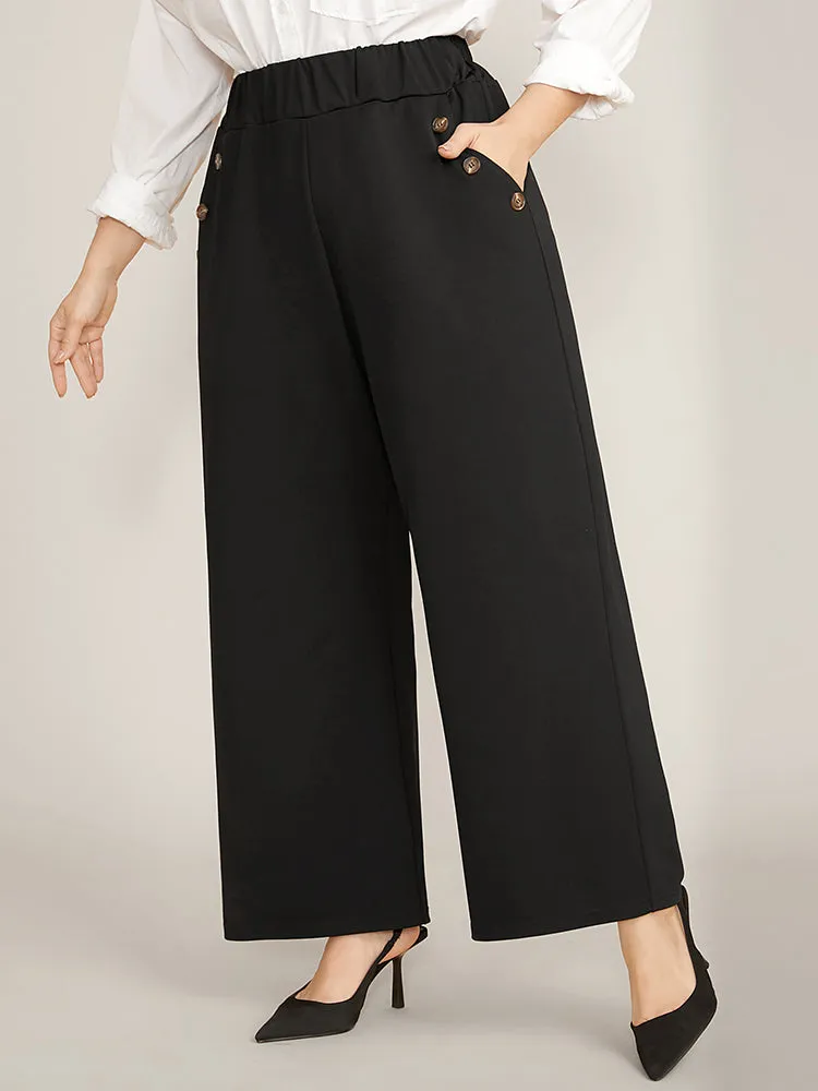 Solid Elastic Waist Button Detail Pocket Wide Leg Pants sold by Bloomchic