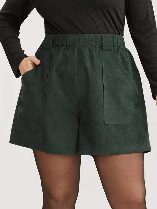 Solid Elastic Waist Pocket Corduroy Shorts sold by Bloomchic