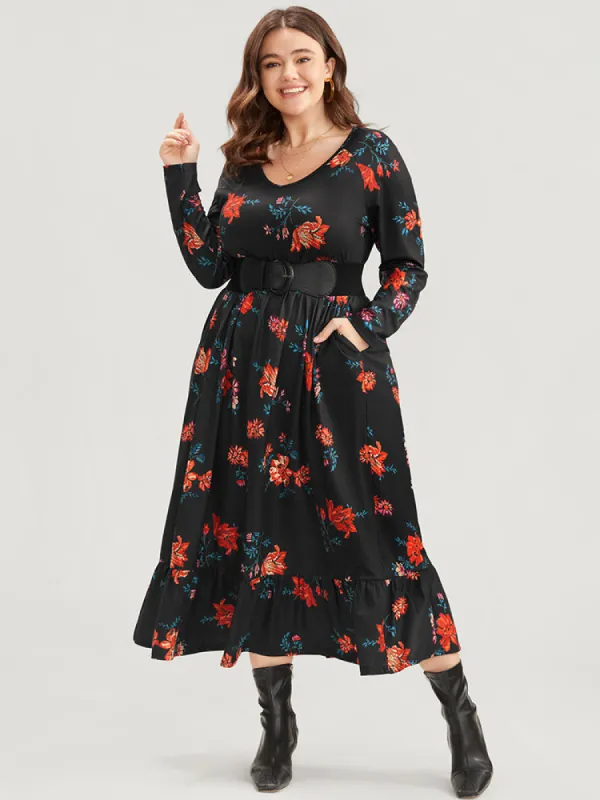 Floral Print V Neck Pocket Flutter Hem Dress Without Belt sold by Bloomchic