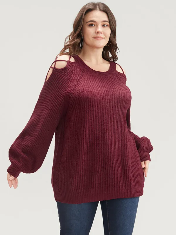 Solid Pointelle Knit Cut Out Lantern Sleeve Knit Top sold by Bloomchic