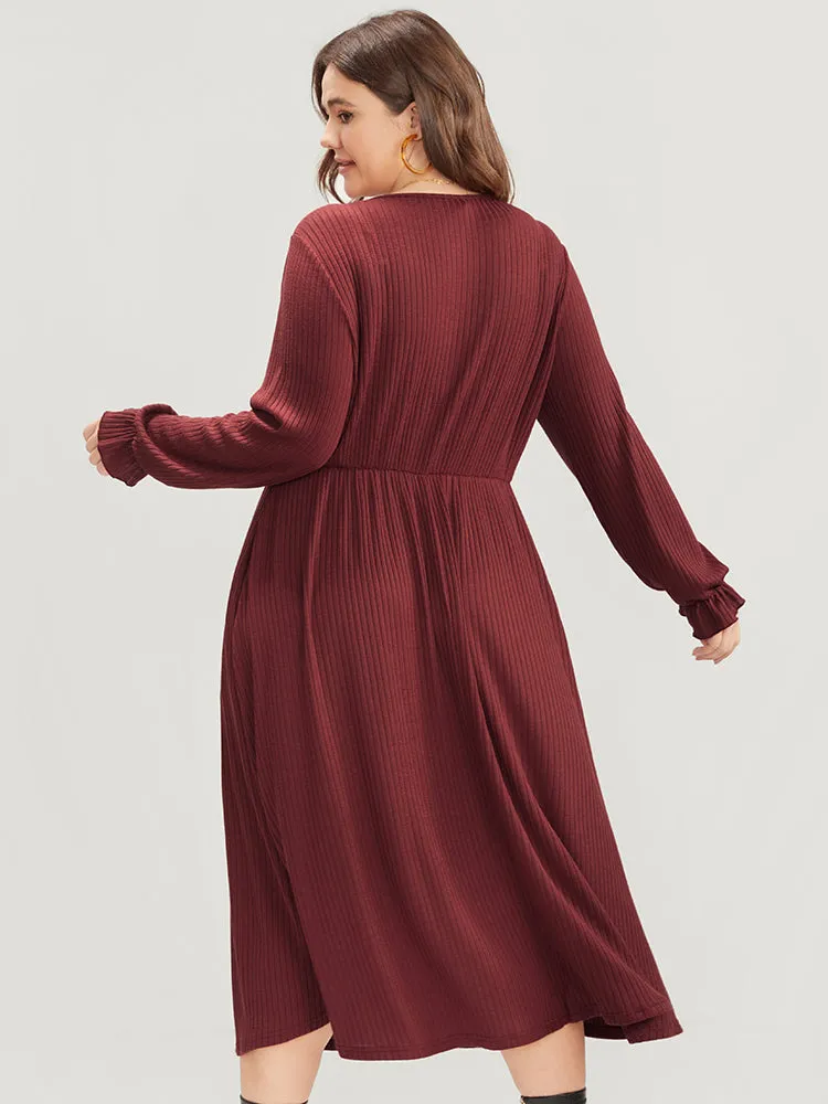 Solid Lantern Sleeve Tie Neck Pocket Rib Knit Dress sold by Bloomchic product image thumbnail 5