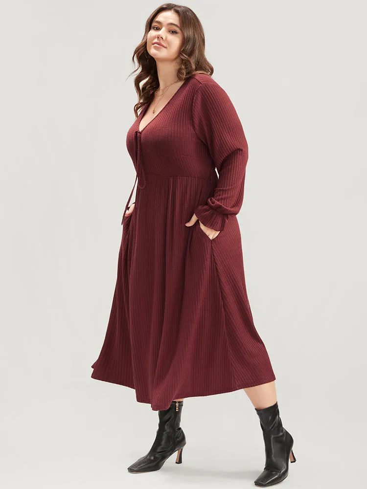 Solid Lantern Sleeve Tie Neck Pocket Rib Knit Dress sold by Bloomchic product image thumbnail 3