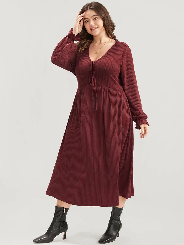 Solid Lantern Sleeve Tie Neck Pocket Rib Knit Dress sold by Bloomchic product image thumbnail 4