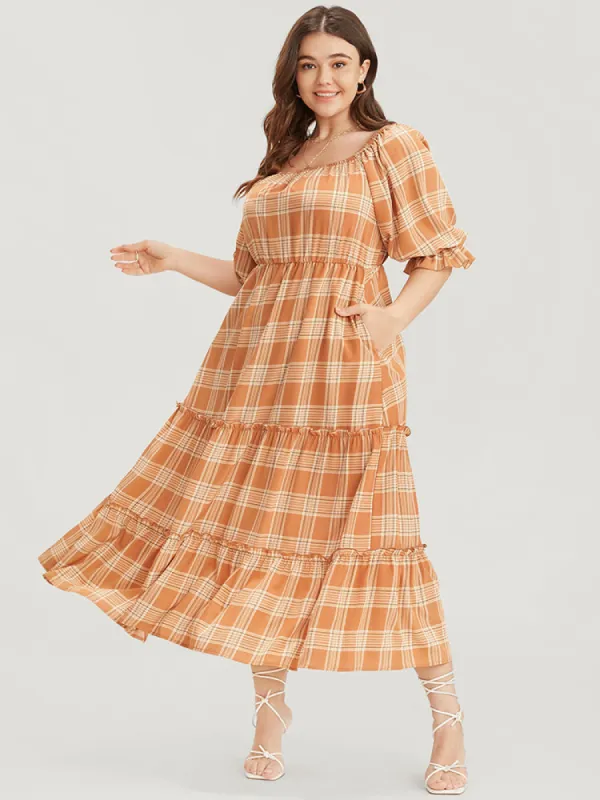 Plaid Square Neck Lantern Sleeve Pocket Flutter Dress sold by Bloomchic