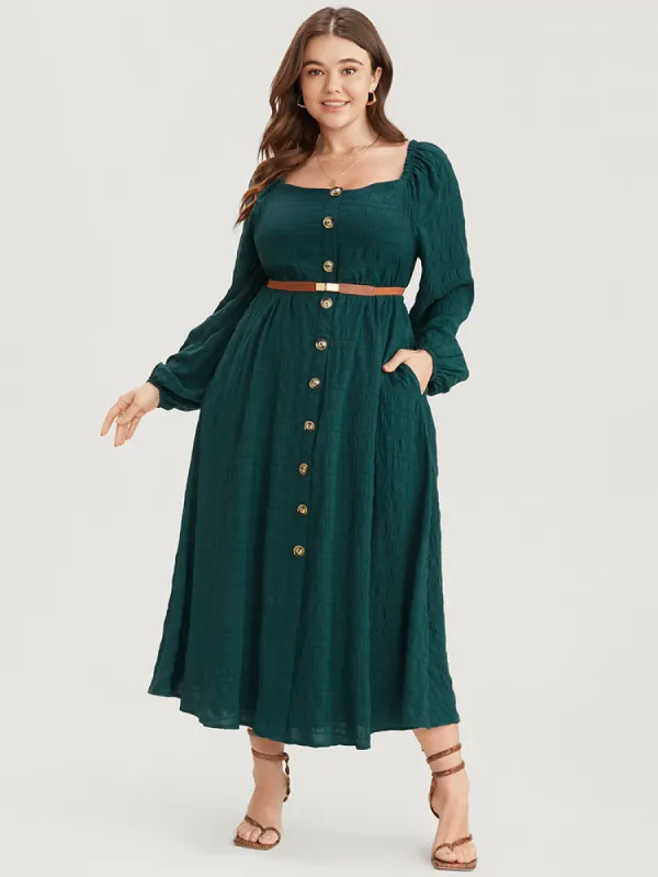 Solid Pocket Lantern Sleeve Textured Button Up Square Neck Dress sold by Bloomchic