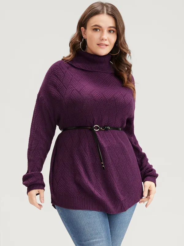 Argyle Print Pointelle Knit Funnel Neck Arc Hem Knit Top sold by Bloomchic