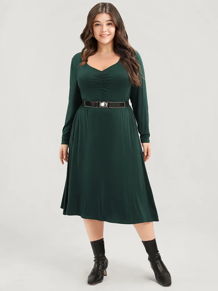 Solid Pocket Gathered V Neck Midi Dress Without Belt sold by Bloomchic product image thumbnail 5