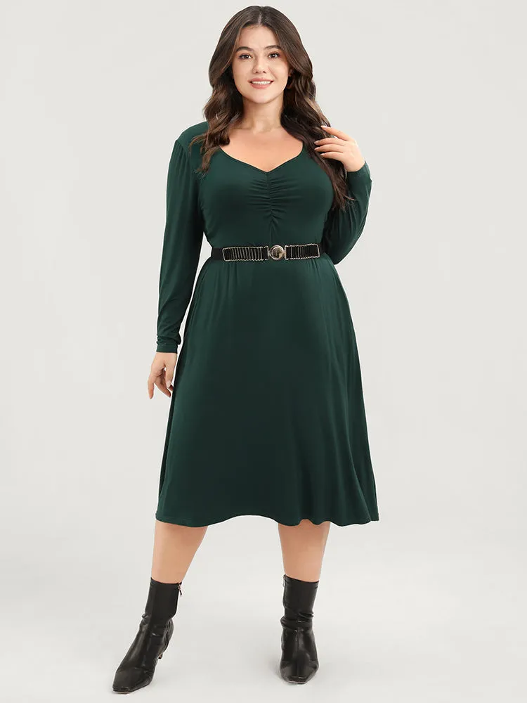 Solid Pocket Gathered V Neck Midi Dress Without Belt sold by Bloomchic
