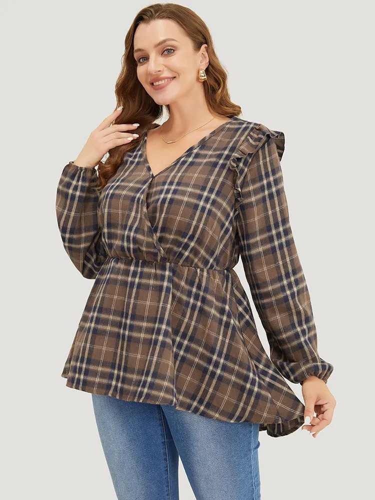 Plaid Ruffles Trim Lantern Sleeve Asymmetrical Hem Wrap Blouse sold by Bloomchic product image thumbnail 3