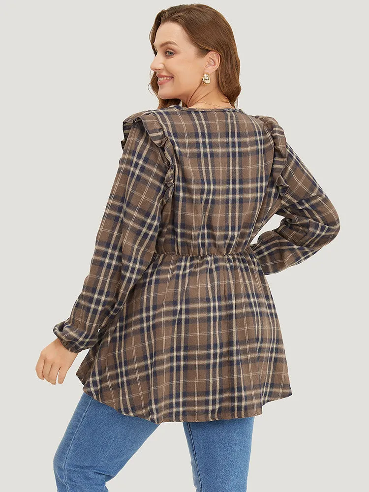 Plaid Ruffles Trim Lantern Sleeve Asymmetrical Hem Wrap Blouse sold by Bloomchic product image thumbnail 4