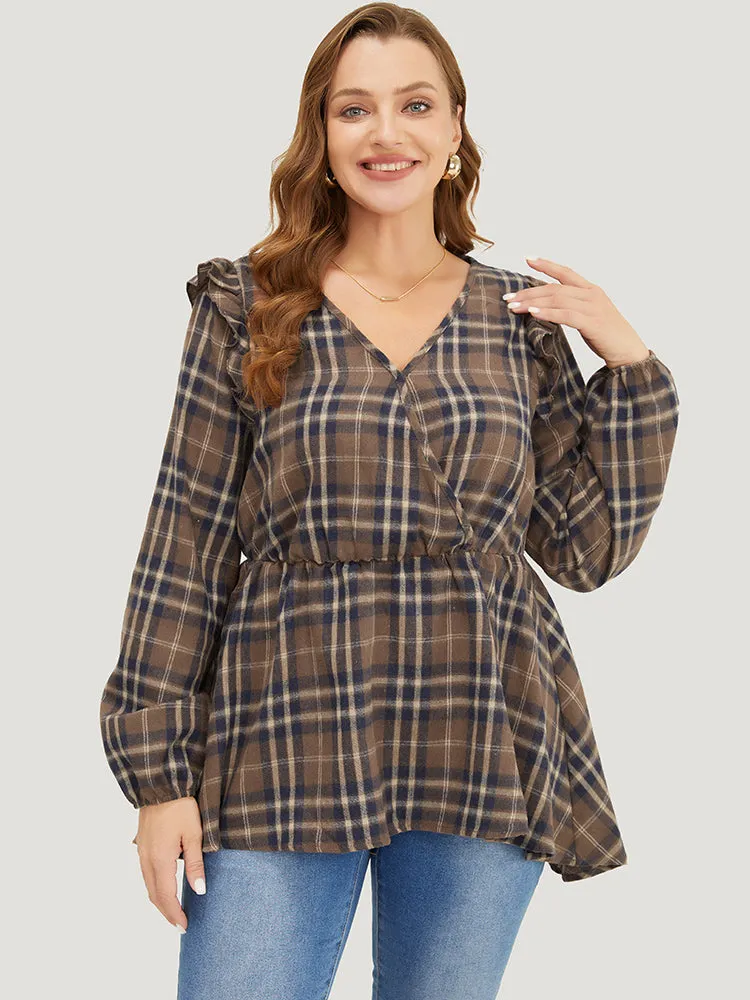 Plaid Ruffles Trim Lantern Sleeve Asymmetrical Hem Wrap Blouse sold by Bloomchic