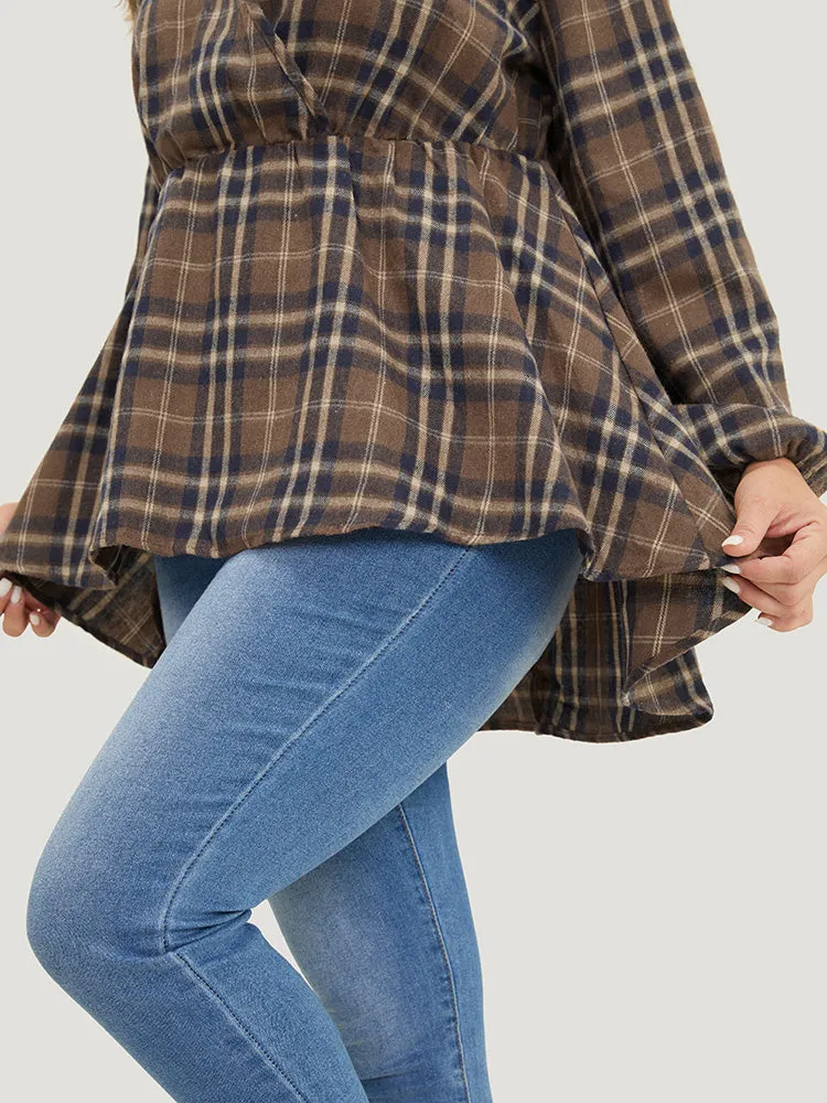 Plaid Ruffles Trim Lantern Sleeve Asymmetrical Hem Wrap Blouse sold by Bloomchic product image thumbnail 5