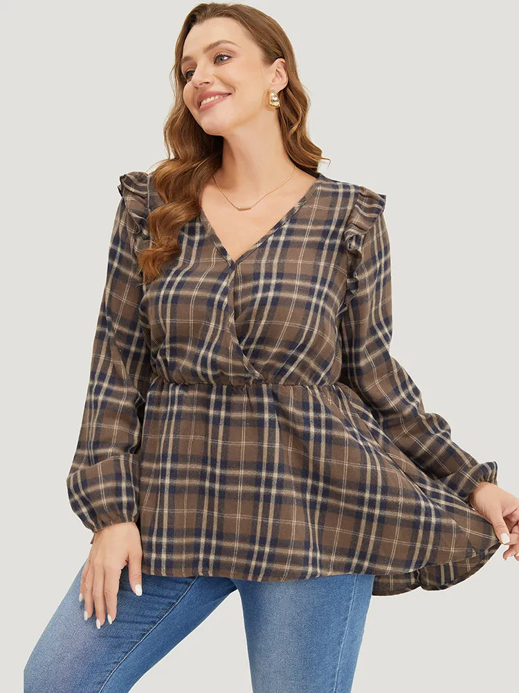 Plaid Ruffles Trim Lantern Sleeve Asymmetrical Hem Wrap Blouse sold by Bloomchic product image thumbnail 2