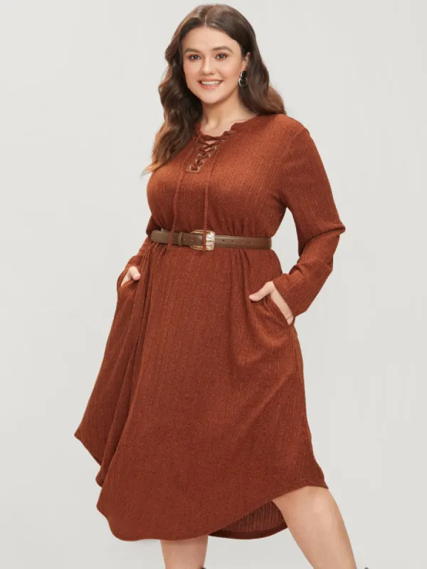 Solid Pocket Lace Up Arc Hem Dress Without Belt made by Bloomchic