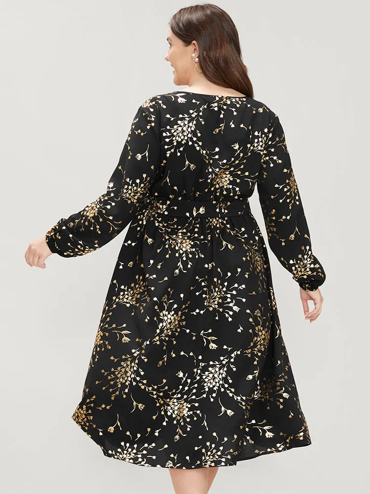 Floral Pocket Lantern Sleeve Belted Surplice Neck Dress sold by Bloomchic product image thumbnail 4