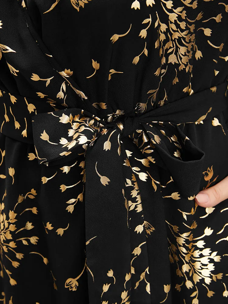 Floral Pocket Lantern Sleeve Belted Surplice Neck Dress sold by Bloomchic product image thumbnail 5