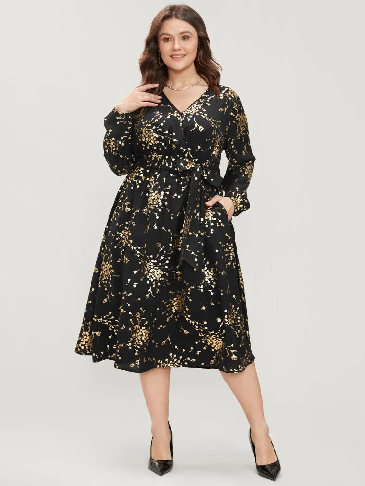 Floral Pocket Lantern Sleeve Belted Surplice Neck Dress sold by Bloomchic product image thumbnail 2