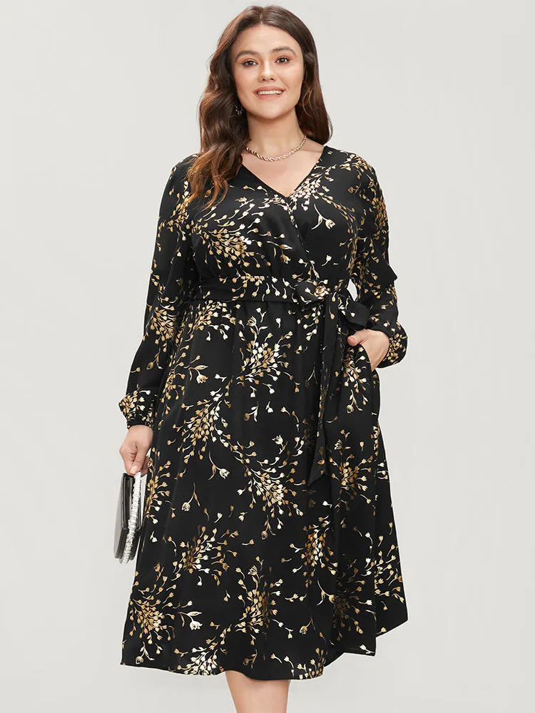 Floral Pocket Lantern Sleeve Belted Surplice Neck Dress sold by Bloomchic product image thumbnail 3