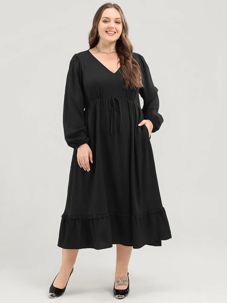 Solid Lantern Sleeve Pocket Textured Ties Up Flutter Dress sold by Bloomchic product image thumbnail 2