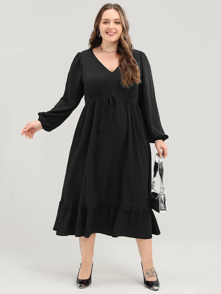 Solid Lantern Sleeve Pocket Textured Ties Up Flutter Dress sold by Bloomchic product image thumbnail 3