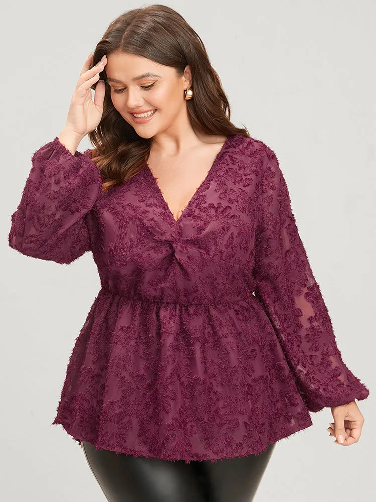 Floral Textured Mesh Lantern Sleeve Twist Front Blouse sold by Bloomchic product image thumbnail 3