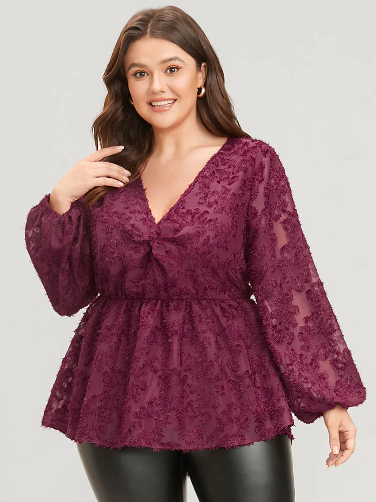 Floral Textured Mesh Lantern Sleeve Twist Front Blouse sold by Bloomchic product image thumbnail 4