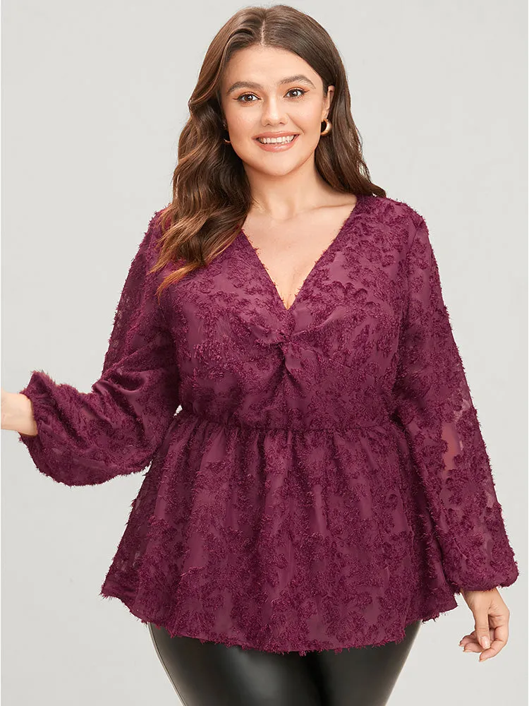 Floral Textured Mesh Lantern Sleeve Twist Front Blouse sold by Bloomchic