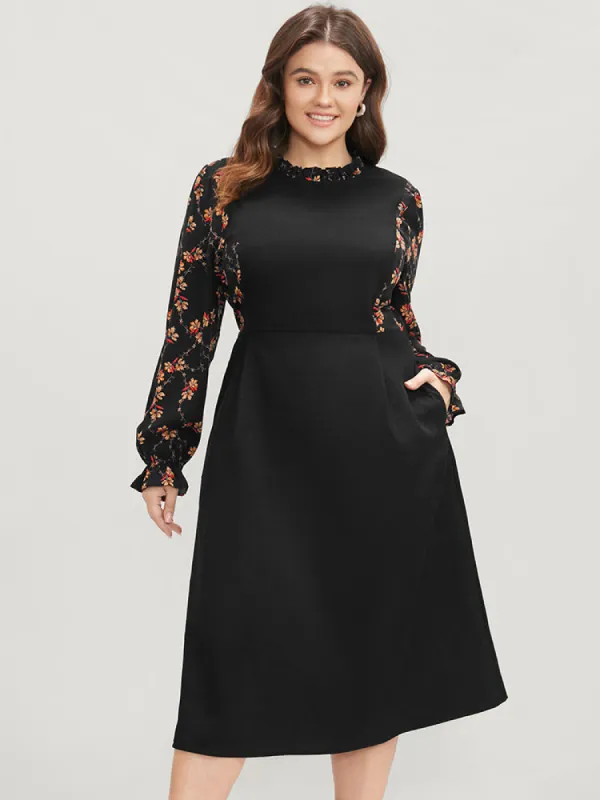 Floral Patchwork Ruffle Trim Pocket Zipper Dress sold by Bloomchic