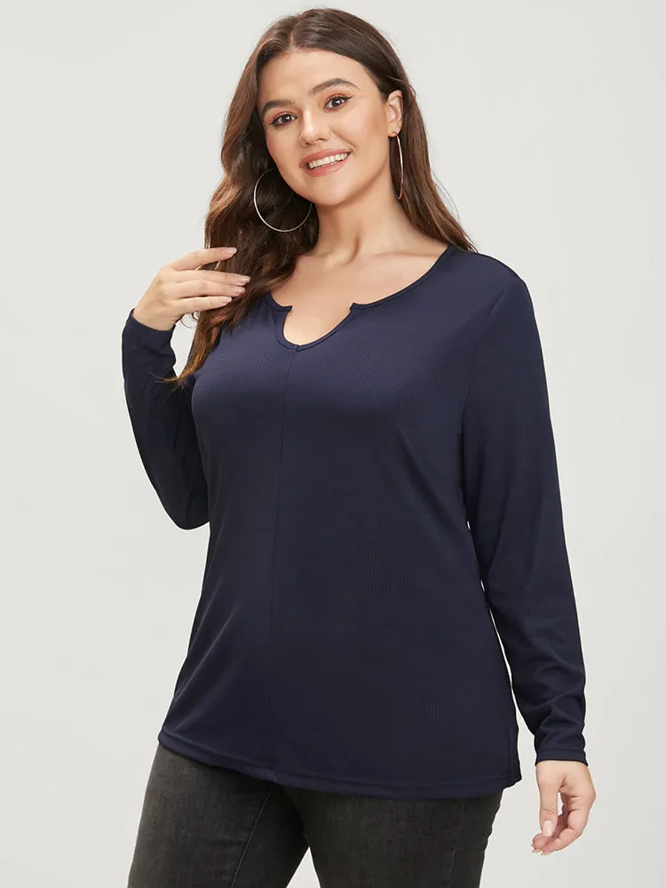 Solid Notched Rib Knit Long Tee sold by Bloomchic