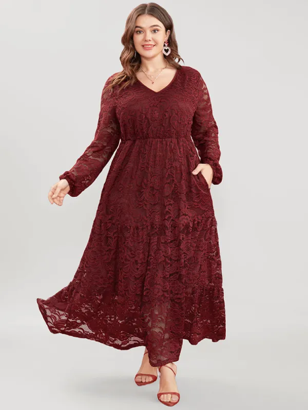 Solid Crochet Lace Lantern Sleeve Pocket Flutter Maxi Dress sold by Bloomchic