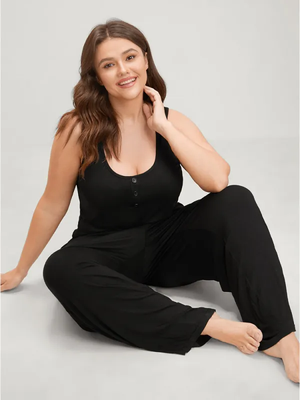 Solid Sleeveless Button Detail Tank Top sold by Bloomchic