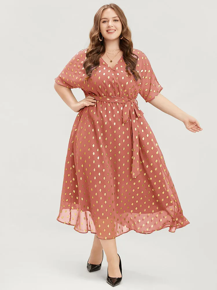 Polka Dot Pocket Surplice Neck Belted Midi Dress sold by Bloomchic