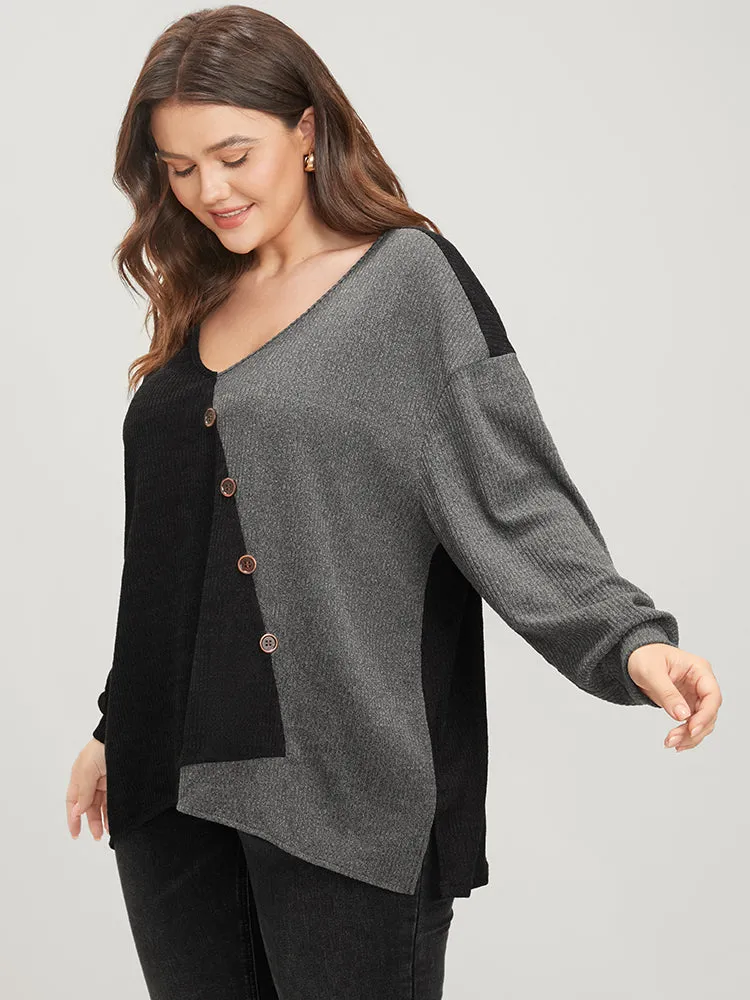 Colorblock Contrast Button Detail Rib Knit Sweatshirt sold by Bloomchic product image thumbnail 4