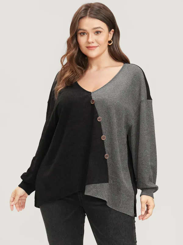 Colorblock Contrast Button Detail Rib Knit Sweatshirt sold by Bloomchic