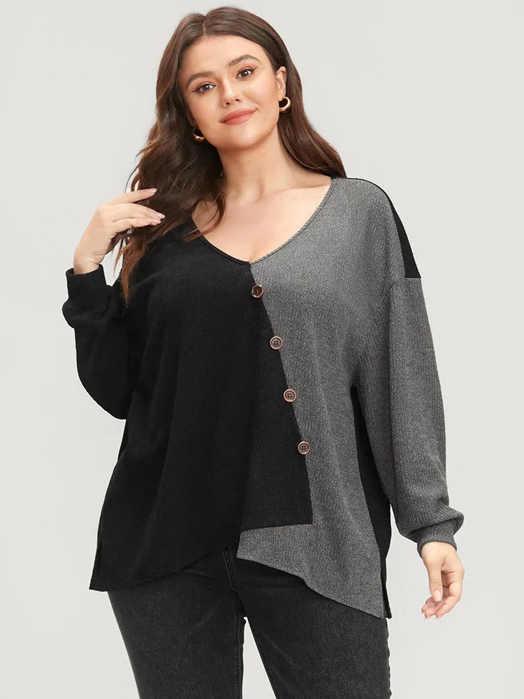 Colorblock Contrast Button Detail Rib Knit Sweatshirt sold by Bloomchic product image thumbnail 2