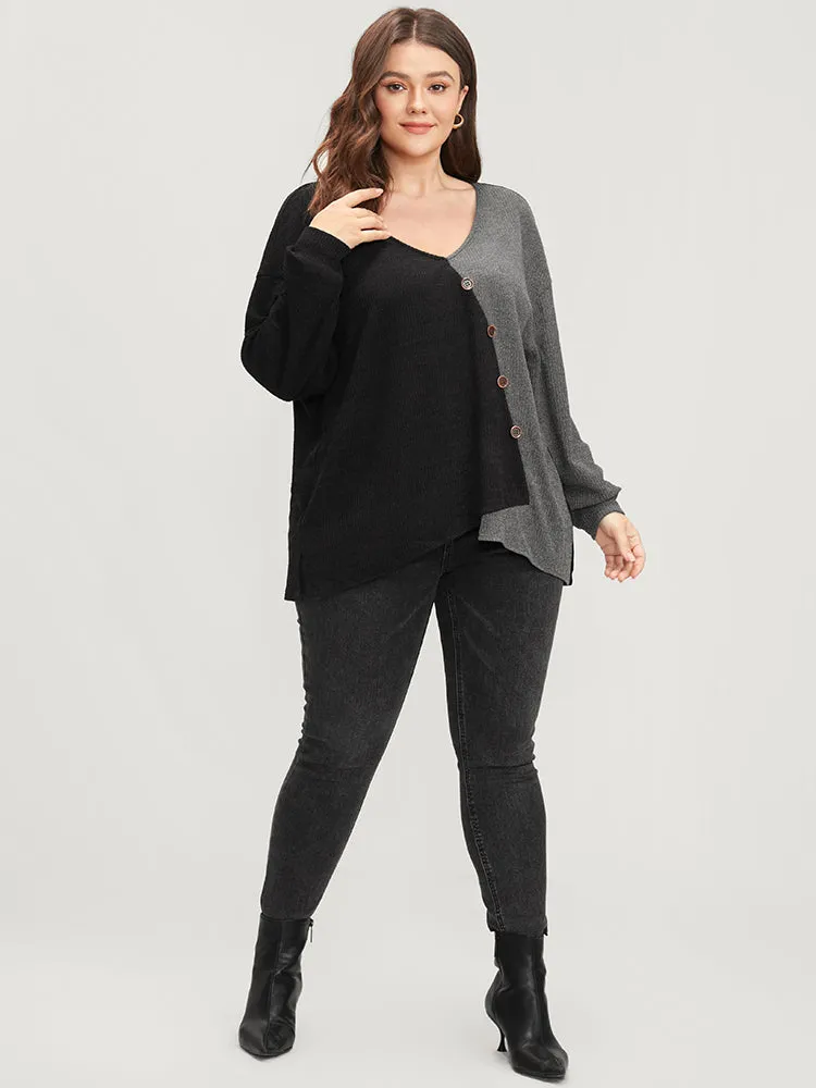 Colorblock Contrast Button Detail Rib Knit Sweatshirt sold by Bloomchic product image thumbnail 3