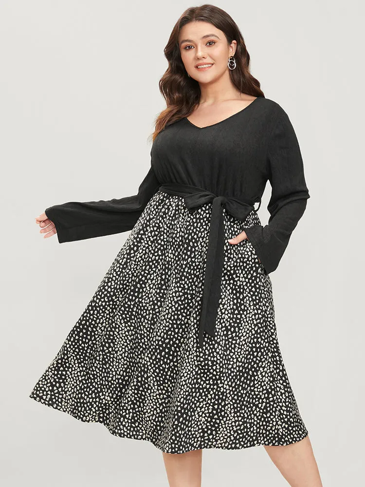Leopard Patchwork V Neck Pocket Belted Textured Dress sold by Bloomchic