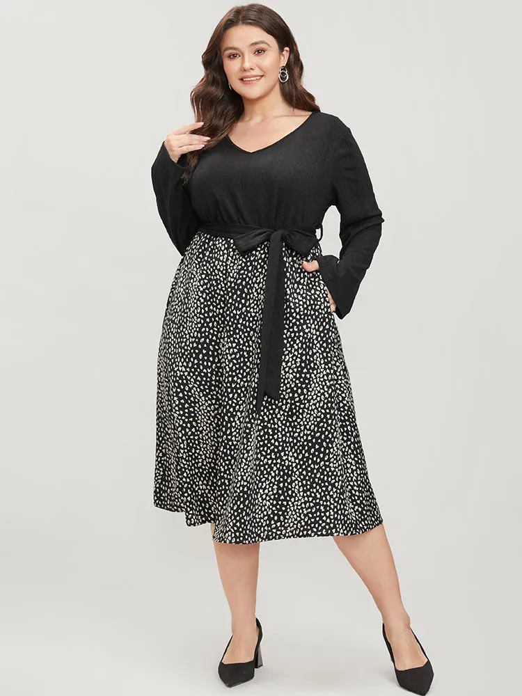 Leopard Patchwork V Neck Pocket Belted Textured Dress sold by Bloomchic product image thumbnail 2