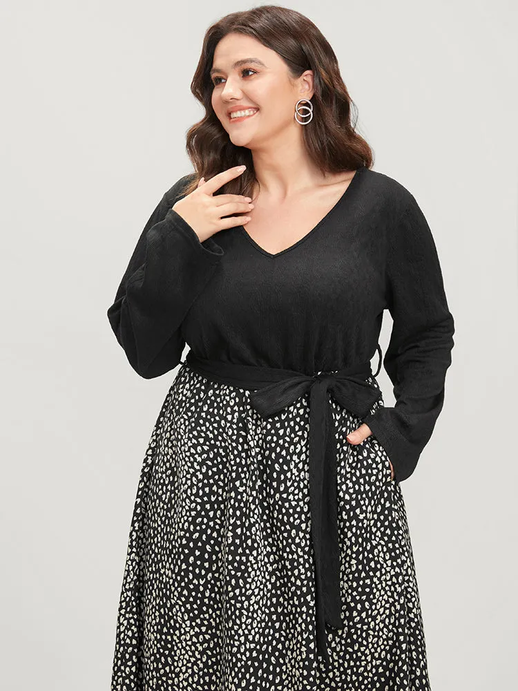 Leopard Patchwork V Neck Pocket Belted Textured Dress sold by Bloomchic product image thumbnail 3