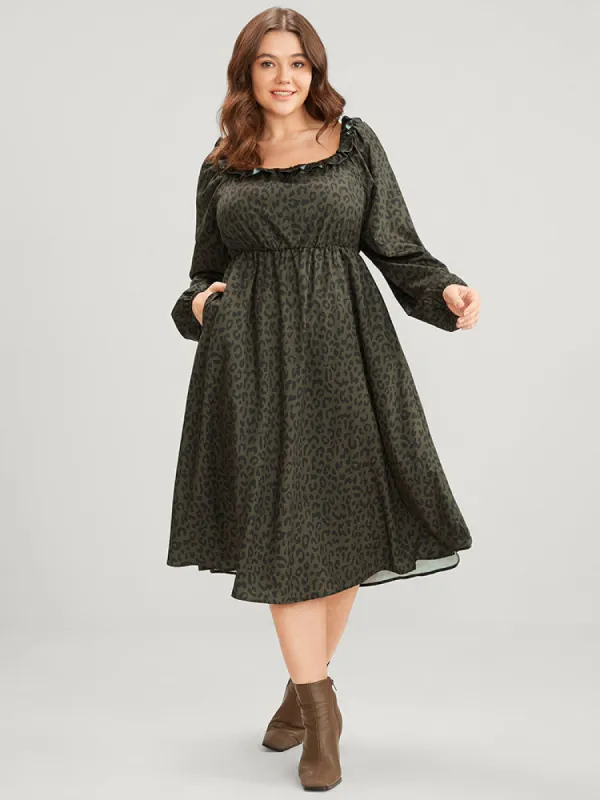 Leopard Print Square Neck Pocket Puff Sleeve Midi Dress sold by Bloomchic