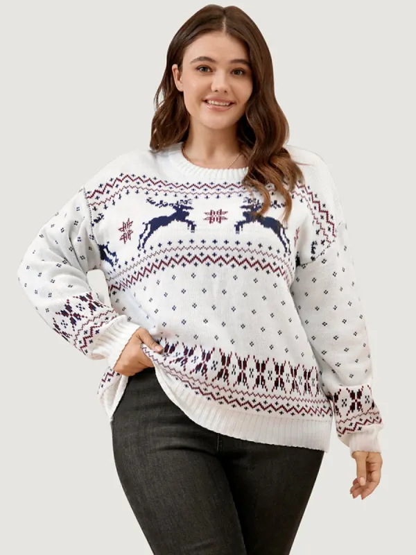 Elk & Snowflake Pointelle Knit Round Neck Knit Top sold by Bloomchic