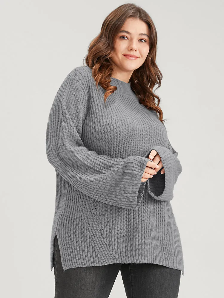 Solid Pointelle Knit Mock Neck Bell Sleeve Split Knit Top sold by Bloomchic product image thumbnail 2