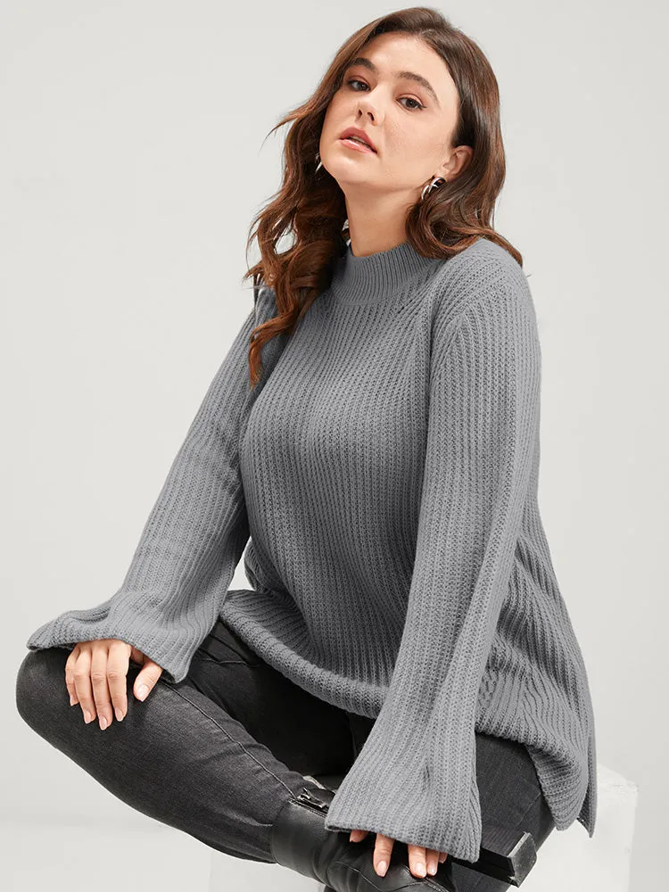 Solid Pointelle Knit Mock Neck Bell Sleeve Split Knit Top sold by Bloomchic product image thumbnail 4