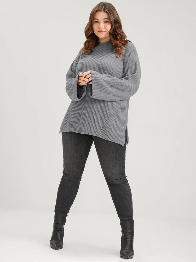 Solid Pointelle Knit Mock Neck Bell Sleeve Split Knit Top sold by Bloomchic product image thumbnail 5