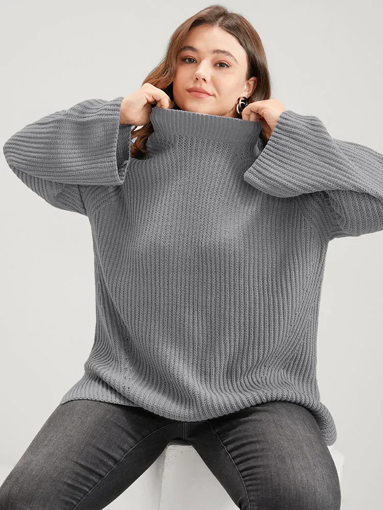 Solid Pointelle Knit Mock Neck Bell Sleeve Split Knit Top sold by Bloomchic product image thumbnail 3
