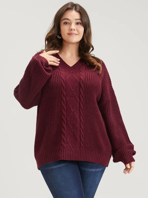 Solid Pointelle Knit V Neck Loose Geometric Cable Knit Top sold by Bloomchic