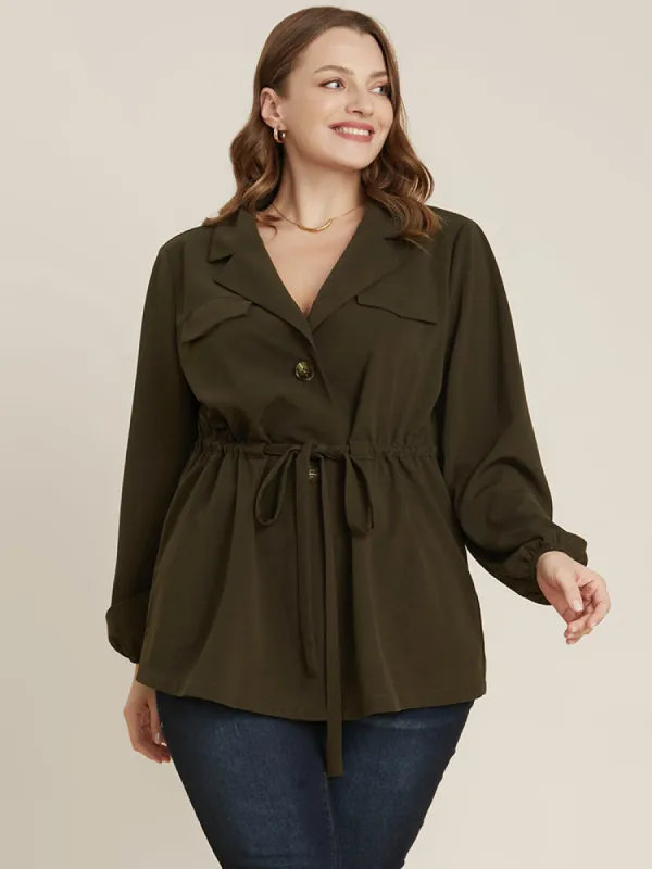 Solid Suit Collar Lantern Sleeve Button Up Drawstring Blouse sold by Bloomchic